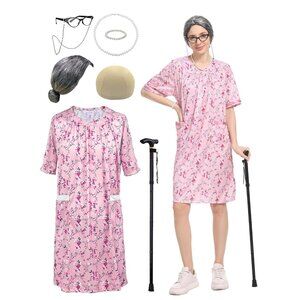 Women's Old Lady Costume Kit, 100 Days of School Adult Granny Dress Cosplay, 8PC